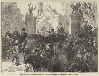 Genesung des Prinzen von Wales, der Prinz und die Prinzessin am Bahnhof, Windsor